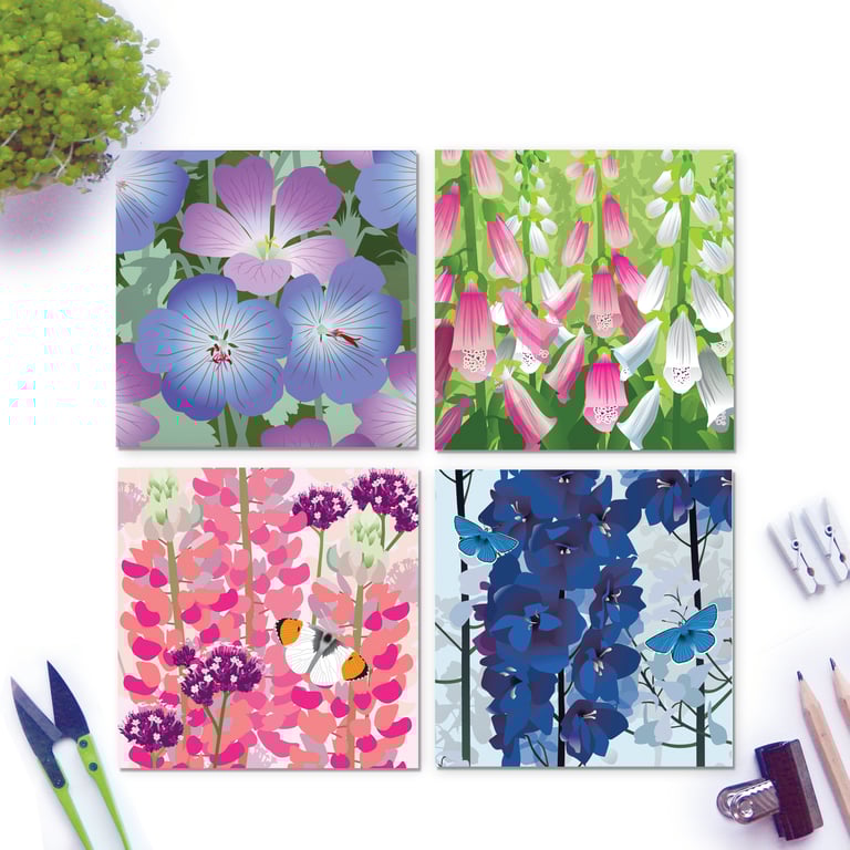 June Floral Card Collection - pack of four Cottage Garden Flower cards