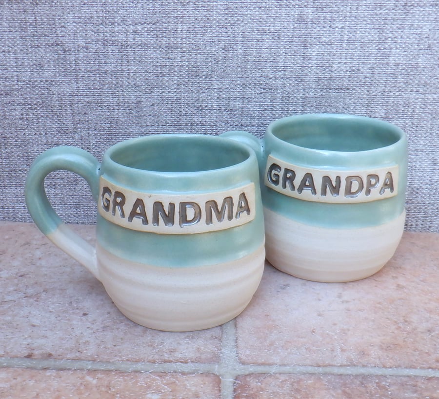 Pair of Grandma and Grandpa mug coffee tea cup hand thrown stoneware pottery