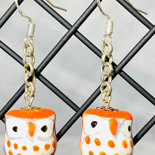 Orange owl earrings