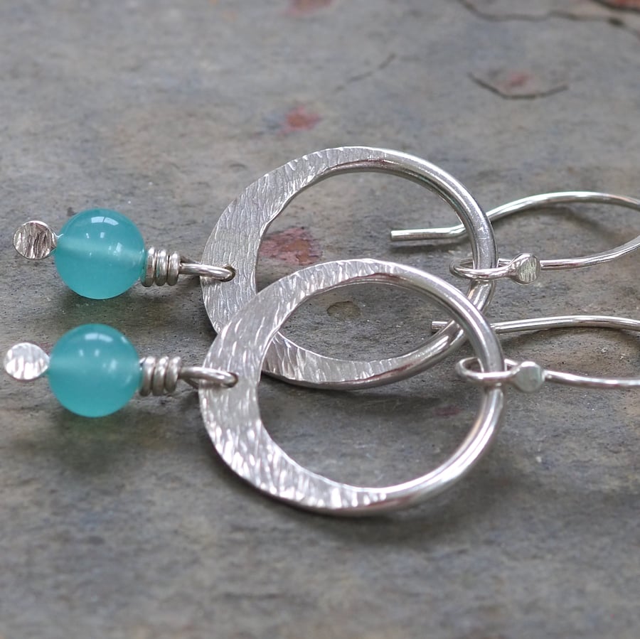 Earrings. Silver Hoop Earrings. Hammered Silver Hoops. Turquoise Glass Beads.