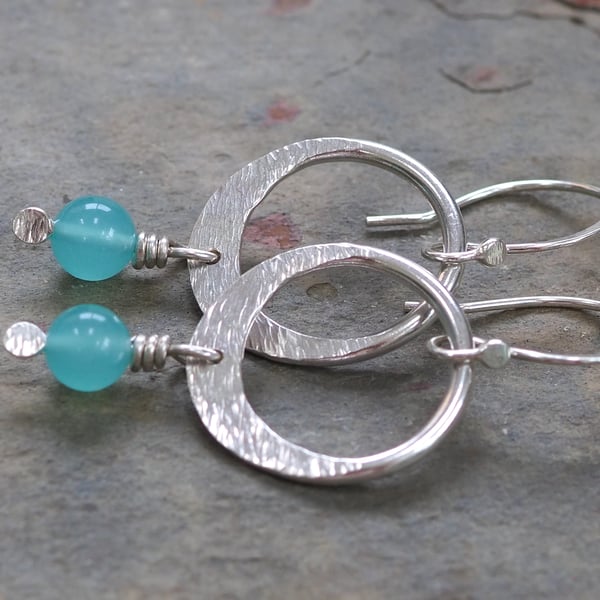 Earrings. Silver Hoop Earrings. Hammered Silver Hoops. Duck Egg Glass Beads.