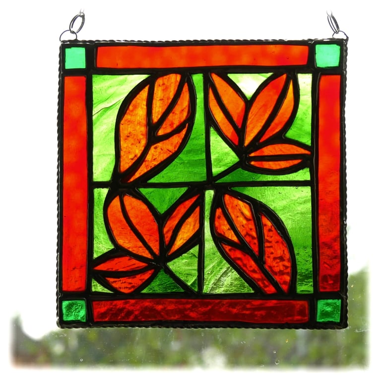 Leaf Tile Suncatcher Stained Glass Autumn Framed Picture 