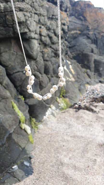 Woven fresh water pearl necklace silver 24 inch chain