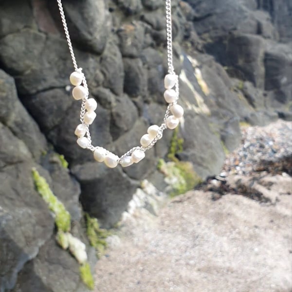 Woven fresh water pearl necklace silver 24 inch chain