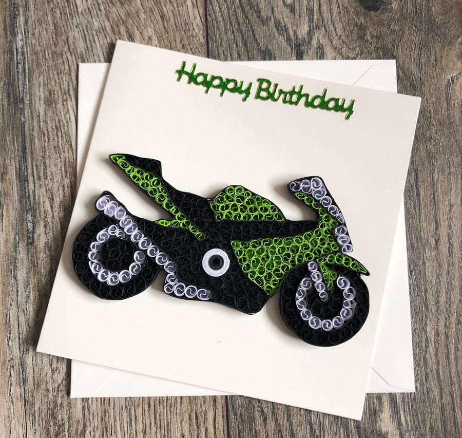 Handmade quilled motorcycle green card