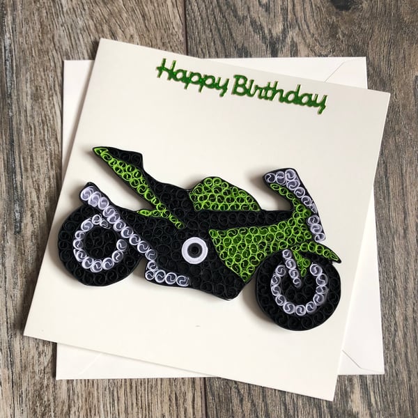 Handmade quilled motorcycle green card