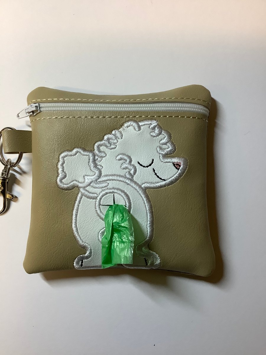 Gorgeous  Poodle Embroidered Tan faux leather dog poo bag dog walking,
