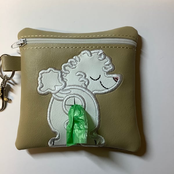 Gorgeous  Poodle Embroidered Tan faux leather dog poo bag dog walking,