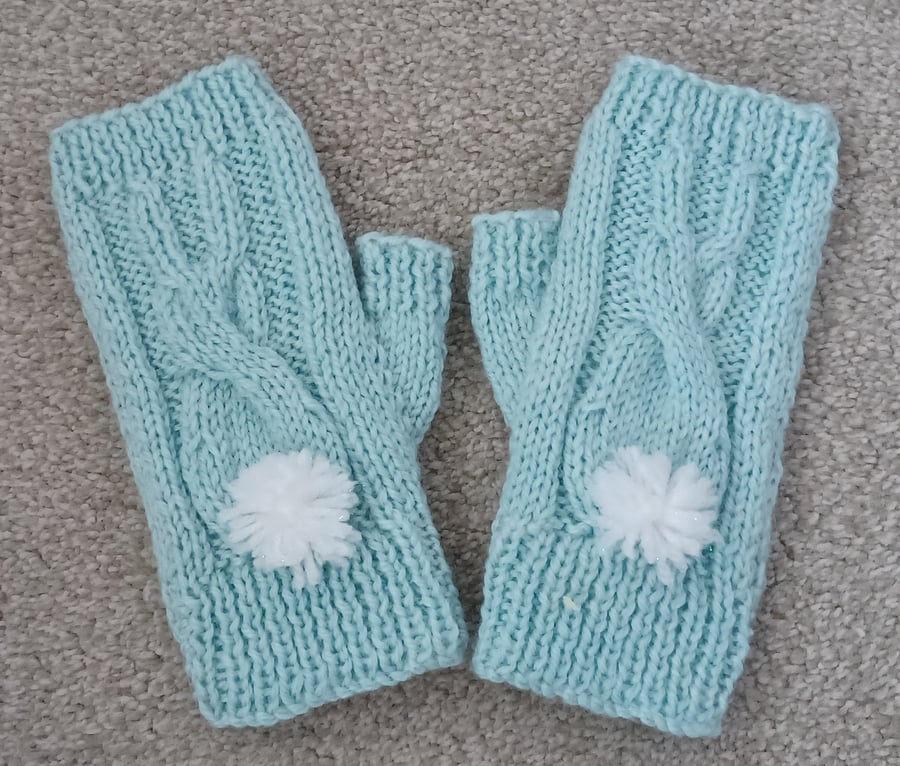 Pale Blue Fingerless Gloves With A Bunny Motif and White Bobble Tails (J107)