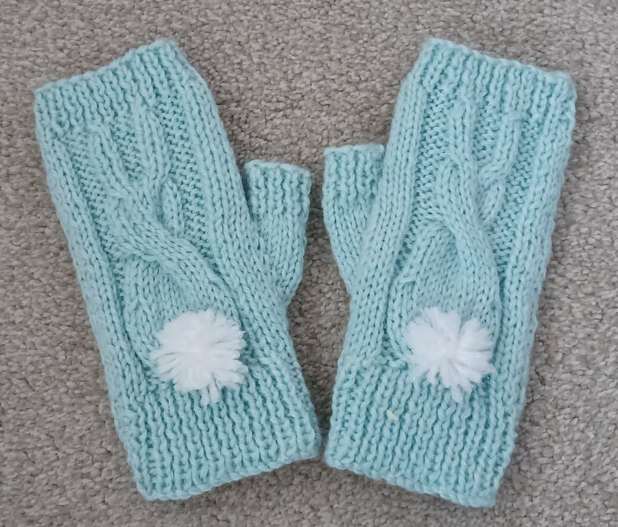 Pale Blue Fingerless Gloves With A Bunny Motif and White Bobble Tails (J107)