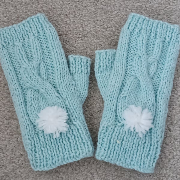 Pale Blue Fingerless Gloves With A Bunny Motif and White Bobble Tails (J107)
