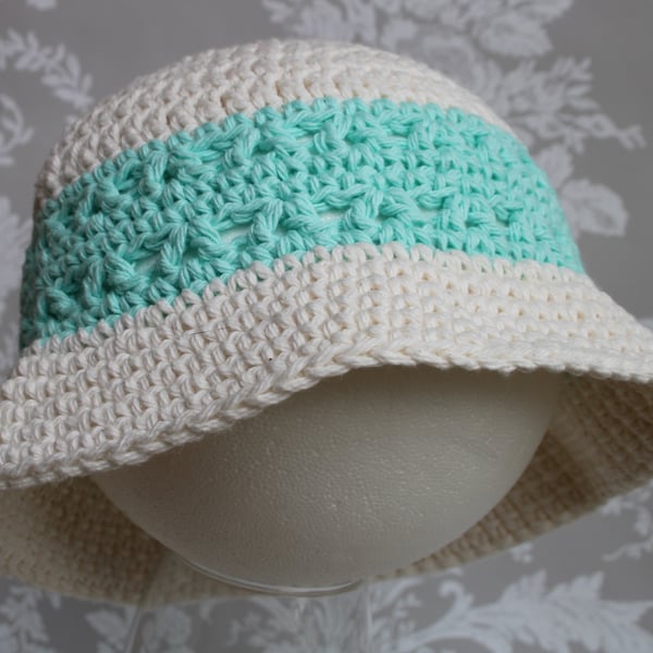 Sun Hat for Toddler Girl - 1-2 Years - Cotton Summer Hat - Cream and Teal Green