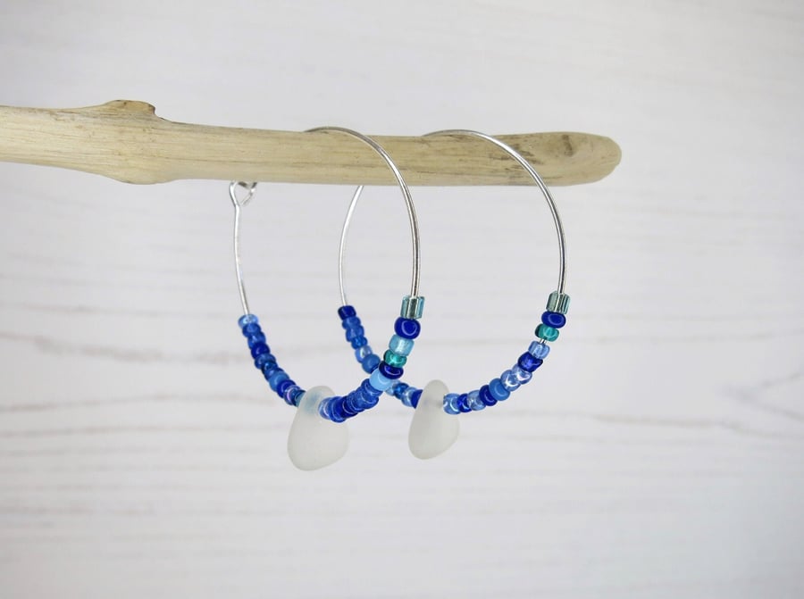 Cornish Sea Glass Hoop Earrings with Blue Seed Beads - 30mm 
