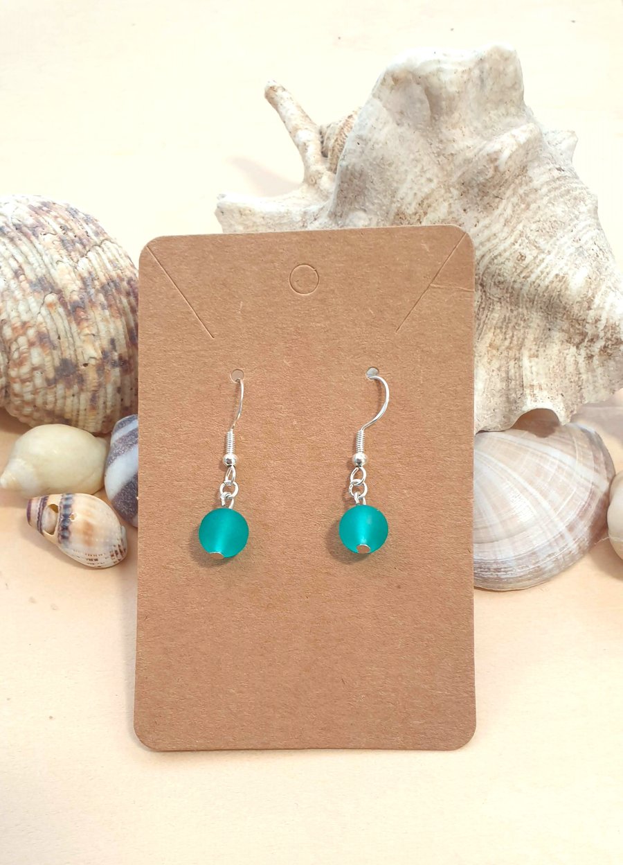 Sea Green Frosted Glass Bead Drop Earrings on 925 Silver-Plated Ear Wires