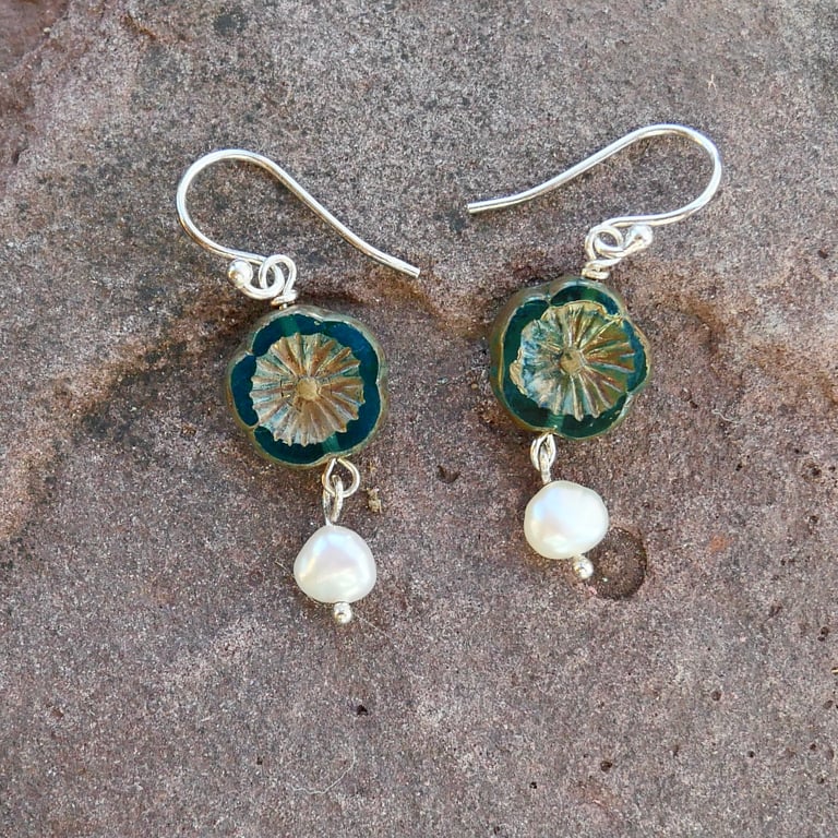 Czech Glass Flower and Pearl Earrings - Sterling Silver Ear Wires