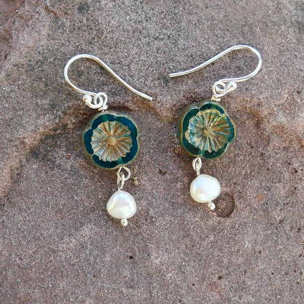 Czech Glass Flower and Pearl Earrings - Sterling Silver Ear Wires