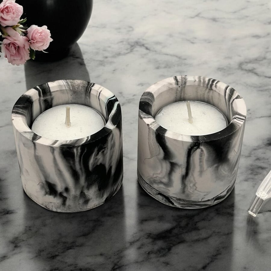 Tealight Holders - Black and Grey Marbled Set of 2 Pillar Candle Holders (dp3)