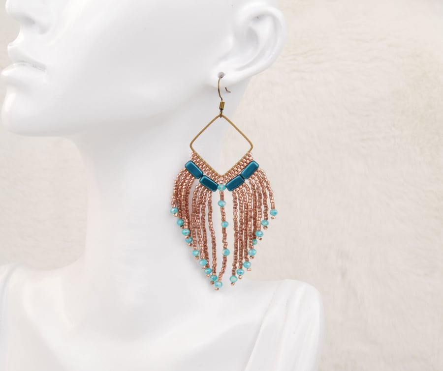 Beaded fringe earrings in teal and gold, Elegant beaded dangle earrings 