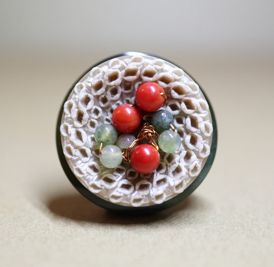 Bottle Green and Sandy Beige Vintage Button Statement Pin with red coral beads