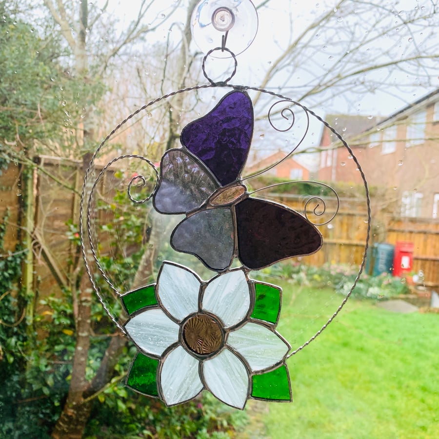 Stained Glass Butterfly and Flower Suncatcher - TO ORDER  