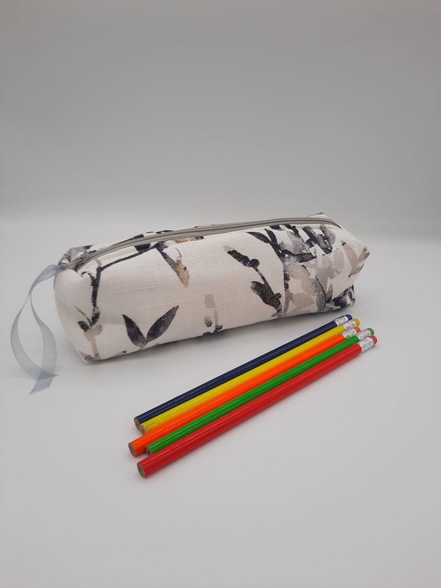Pencil case box - in white foliage print fabric,  free UK delivery.  