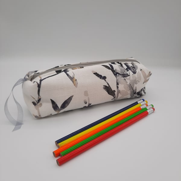 Pencil case box - in white foliage print fabric,  free UK delivery.  