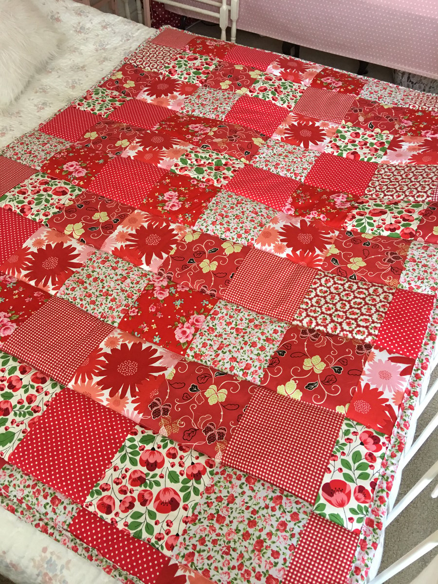 Large double red patchwork quilt,Bedspread ,bedding