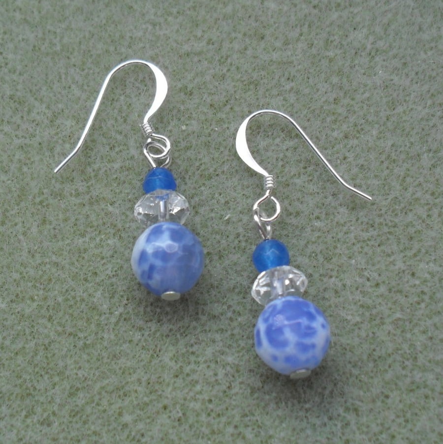 Blue Agate Drop Earrings Silver Plate