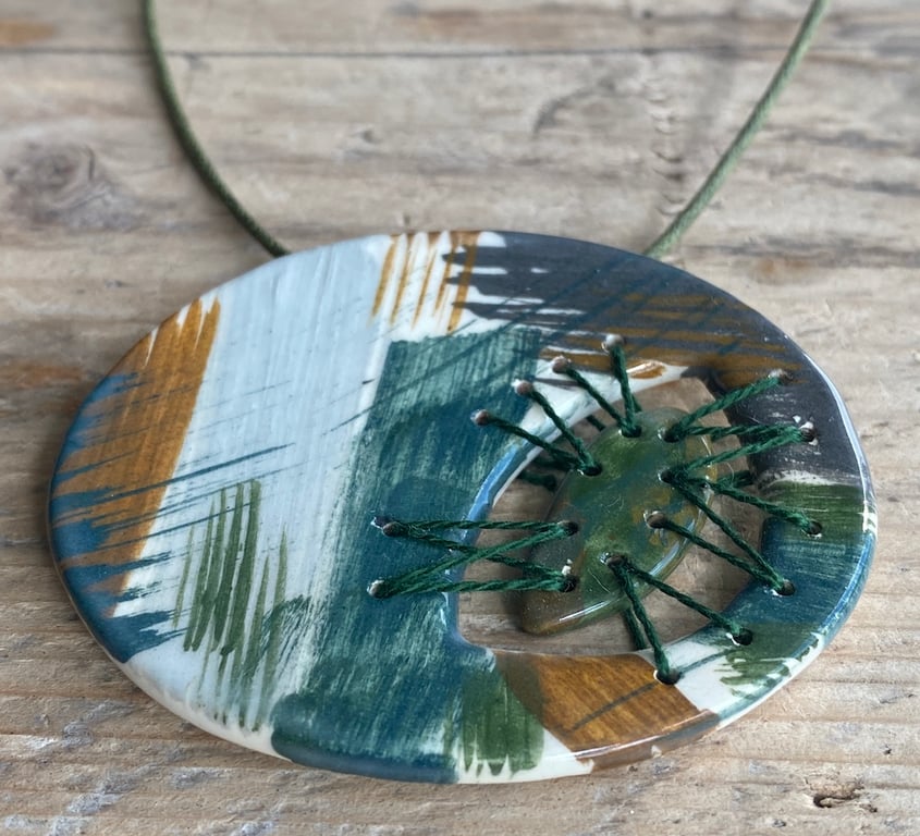 REDUCED Pendant Necklace Handmade Ceramic Stitched Pendant