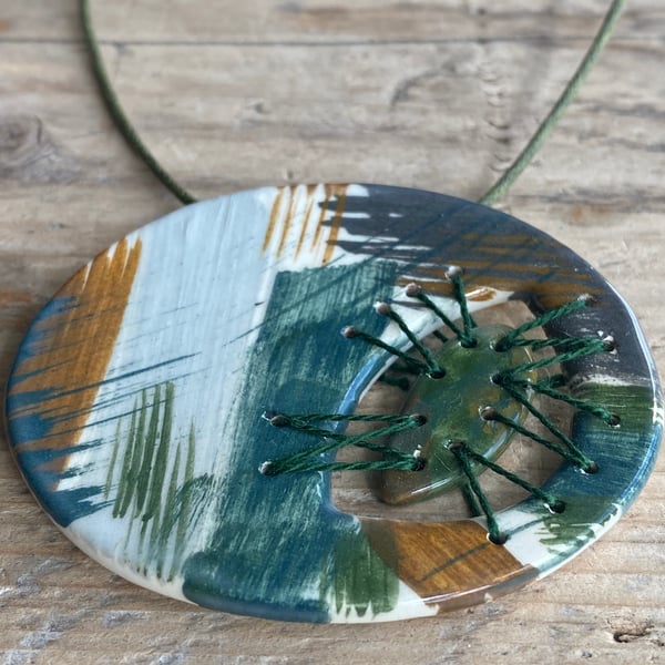 REDUCED Pendant Necklace Handmade Ceramic Stitched Pendant
