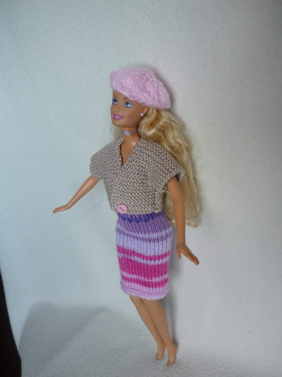 Hand Knitted Barbie Doll Clothes Skirt, Jacket Set 11