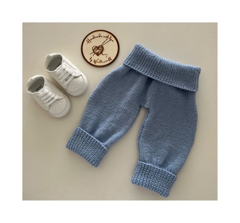 25% OFF Sample Sale. Handknitted Pull On Baby Joggers- 3-6 months. Pale Blue.