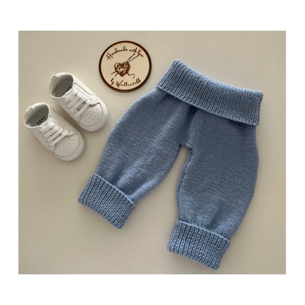 25% OFF Sample Sale. Handknitted Pull On Baby Joggers- 3-6 months. Pale Blue.