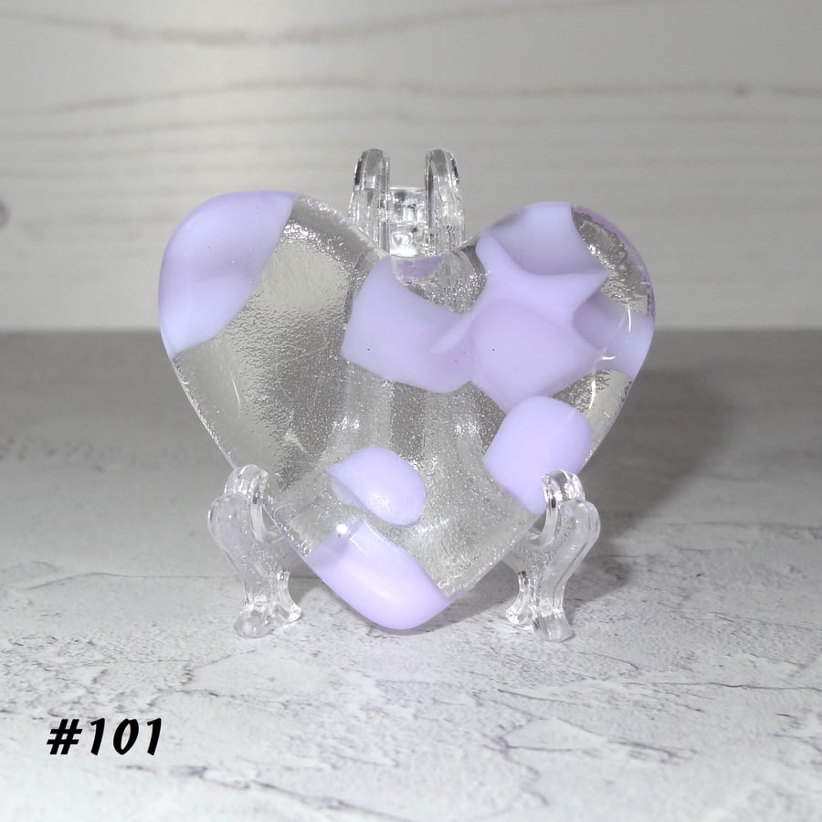 Fused glass purple heart pocket hug with stand 5x4.5cm, handcrafted (101)