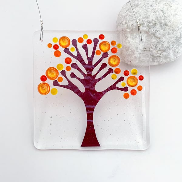 Fused Glass Square Autumn Tree Hanging - Handmade Glass Suncatcher