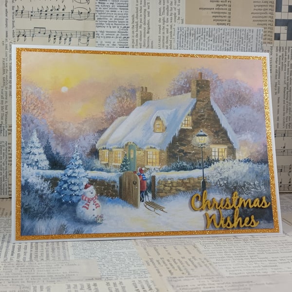 Snowy Cottage glitter Christmas card