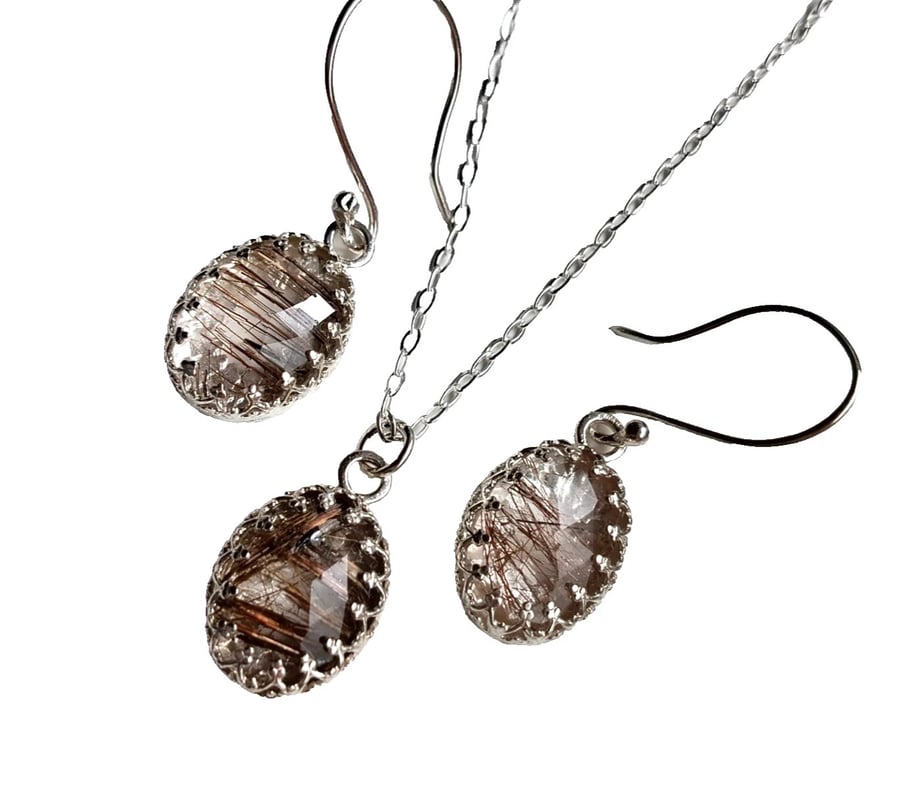 Copper Rutilated Quartz Necklace Earrings Jewellery Gift Set Rose Cut Gemstones