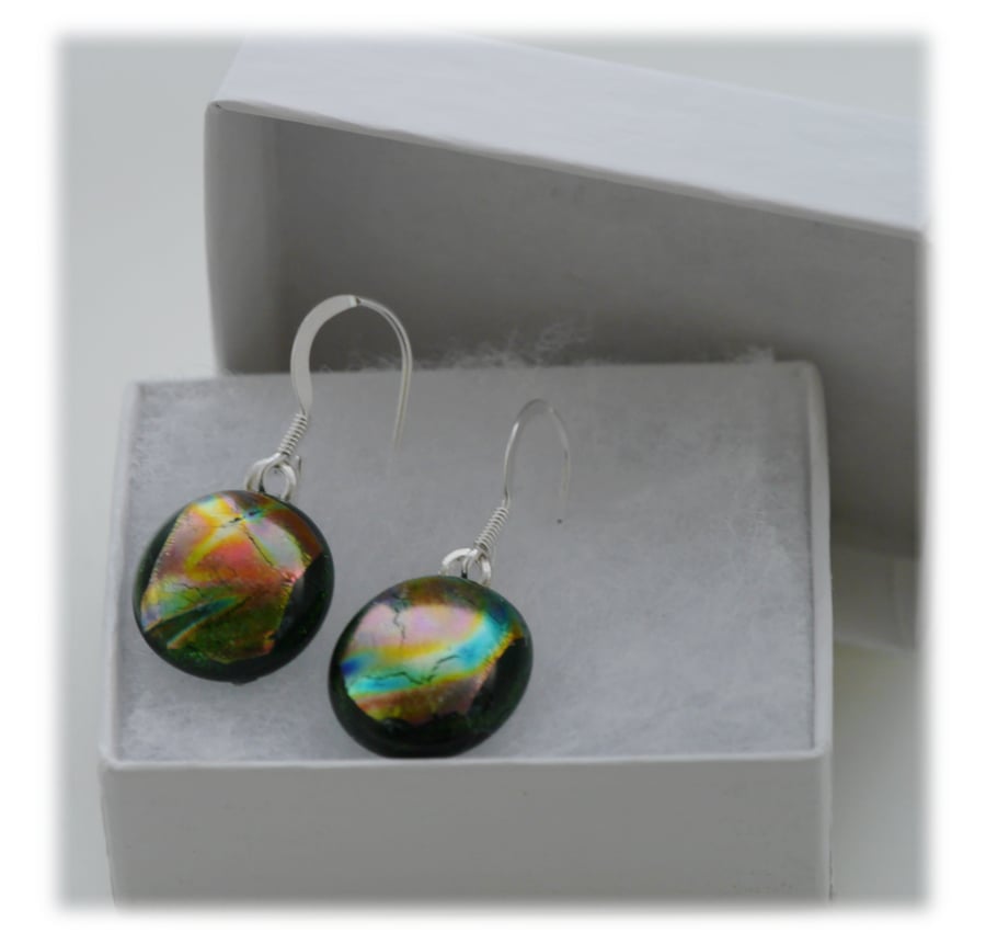 Handmade Fused Dichroic Glass Earrings 178 Green Bronze Marble