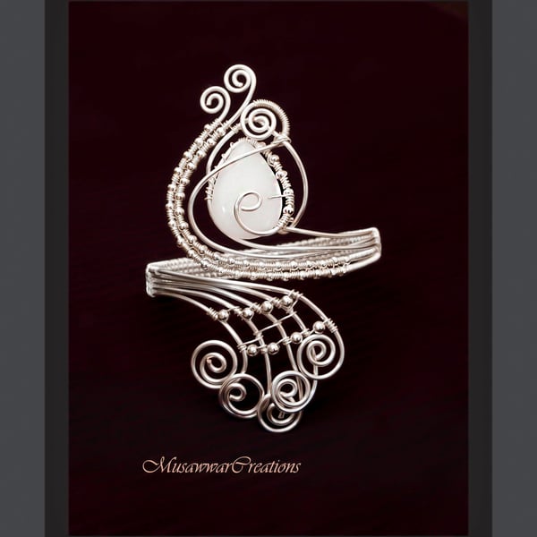 White Quartz Silver Wire Swirl Bracelet Cuff, Handmade silver bracelet cuff,