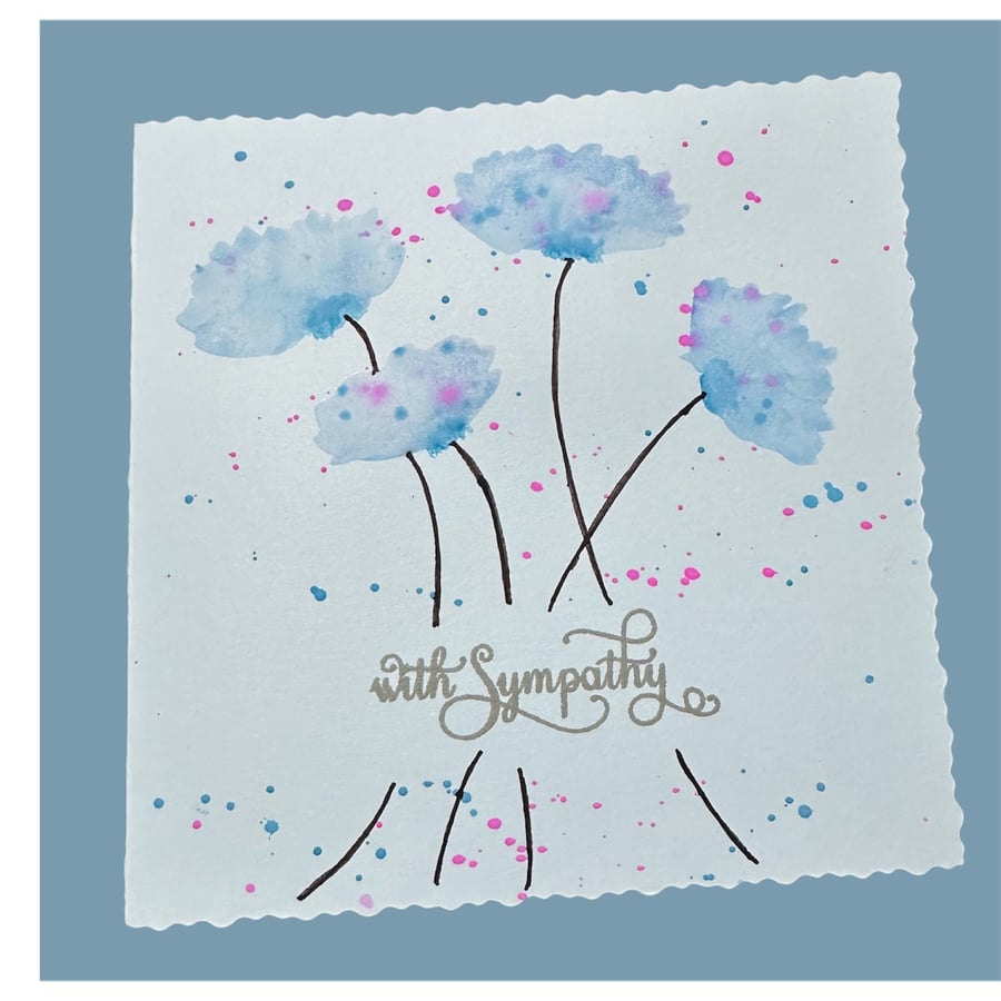 Hand painted watercolour with sympathy,  pastel blue card with blue pink flowers