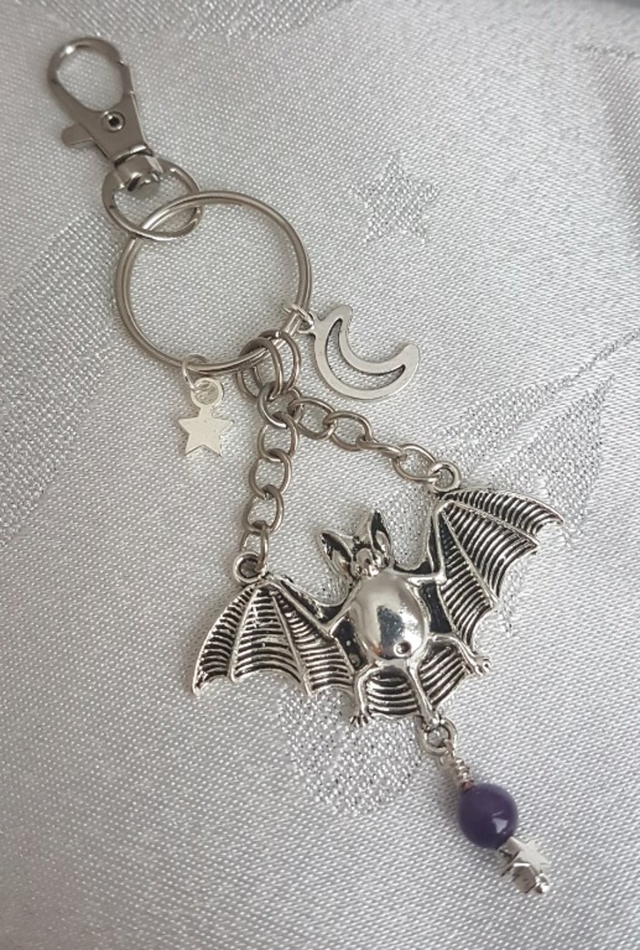 Gorgeous Large Bat Key Ring - Key Chain Bag Charm - Silver Tones