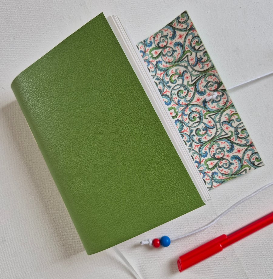 Green Leather Journal with Florentine Lining, A6, perfect Notebook
