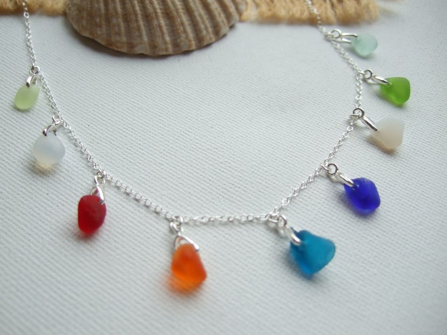 Sea glass rainbow necklace, Davenport beach glass pendants, multi color necklace