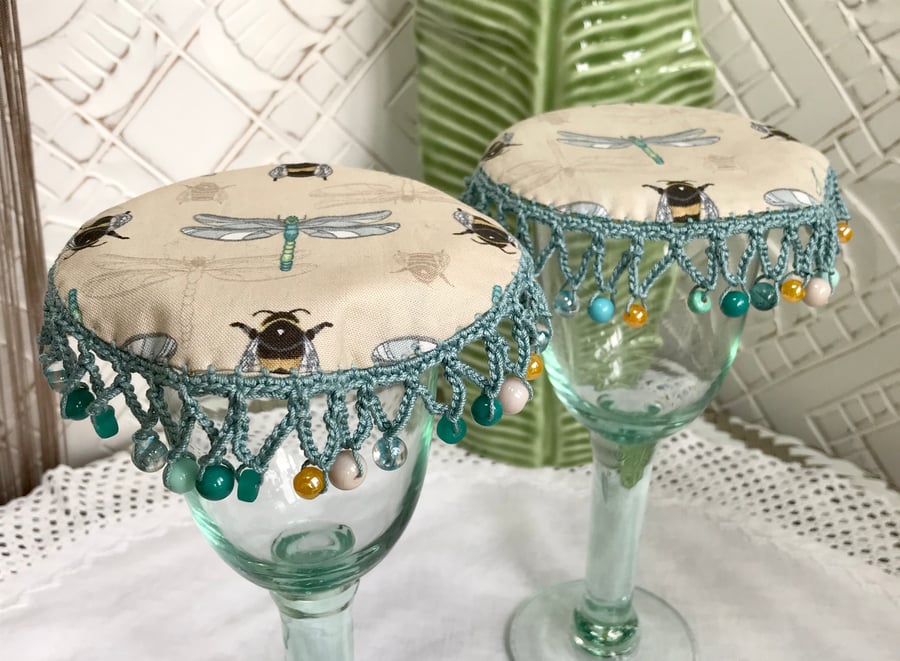 Fly and Bug glass cover, crochet trim fabric jug cosy, bee dragonfly tableware