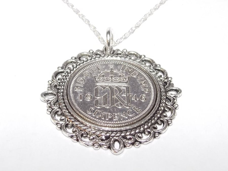 Fancy Pendant 1946 Lucky sixpence 75th Birthday plus a Sterling Silver 18in Chai