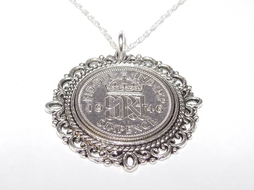 Fancy Pendant 1946 Lucky sixpence 80th Birthday plus a Sterling Silver 18in Chai