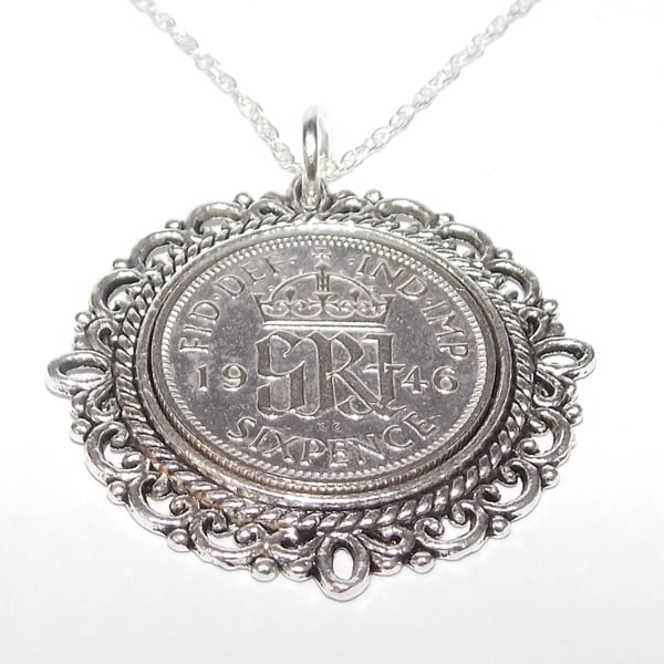 Fancy Pendant 1946 Lucky sixpence 80th Birthday plus a Sterling Silver 18in Chai