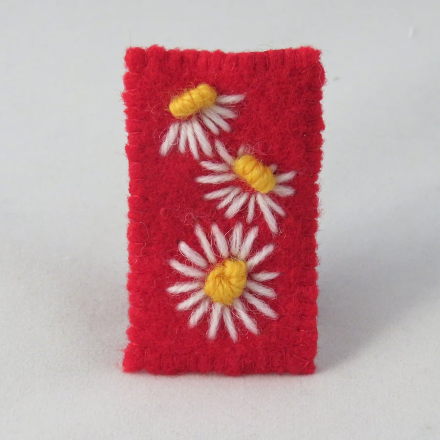 Brooch - White daisies embroidered on recycled red wool fabric