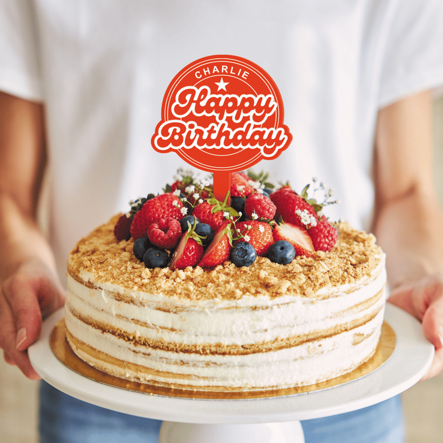 Personalised Retro Birthday Cake Topper: Custom Name Reusable Cake Decoration 
