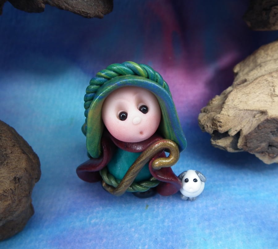 Tiny Gnome Shepherd with Lamb Sheep OOAK Sculpt by Ann Galvin Gnome Village